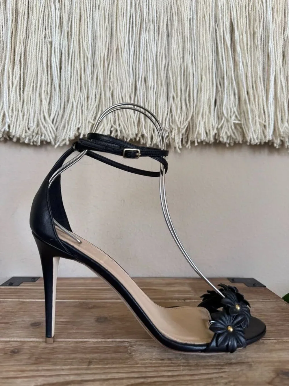 J. CREW Black Leather 3-D Floral Ankle Wrap Open Toe Stiletto Sandals Size 9